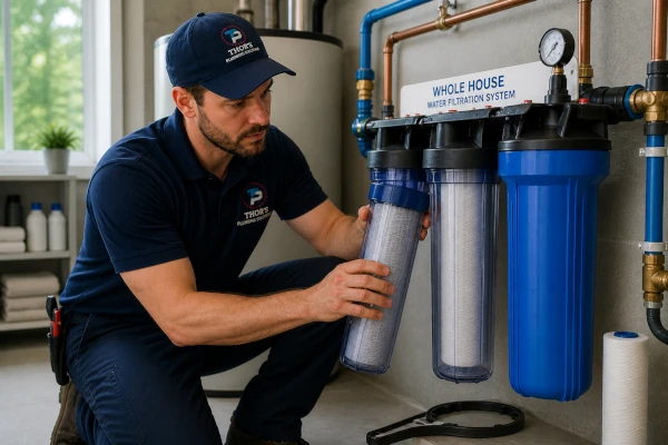 plumber installing whole house water filtration system with filter cartridges in residential home North Carolina