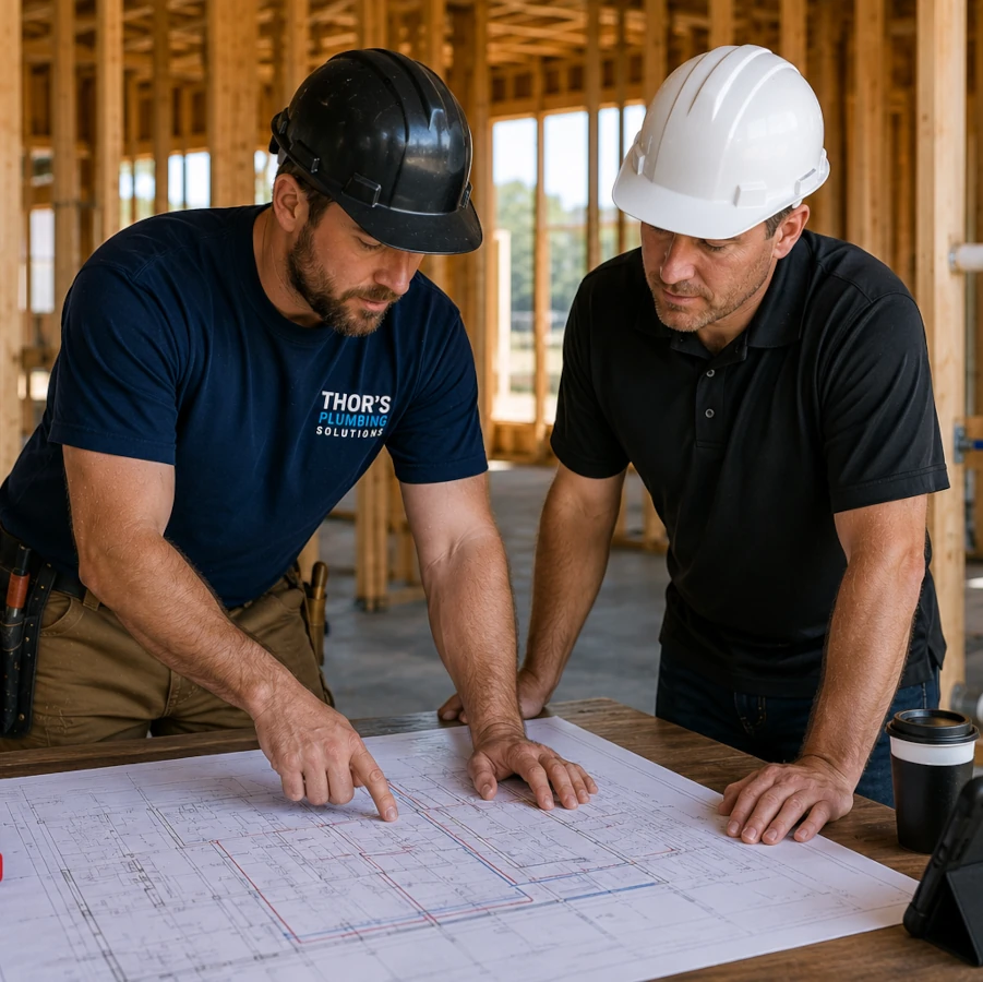 new construction plumbing contractor reviewing plumbing plans on jobsite