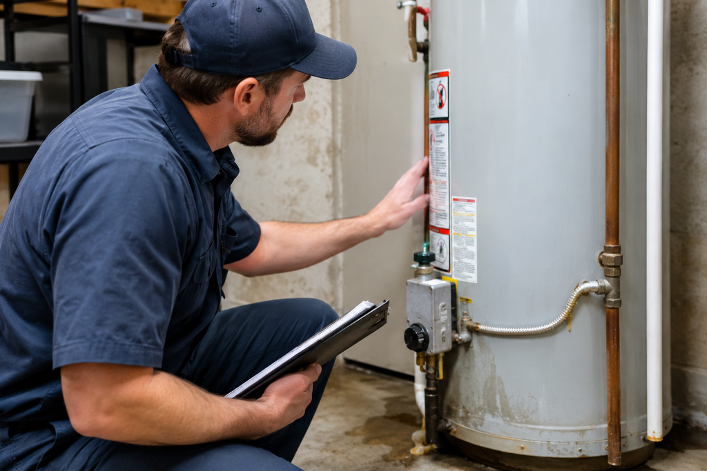 Technician Inspecting Water Heater